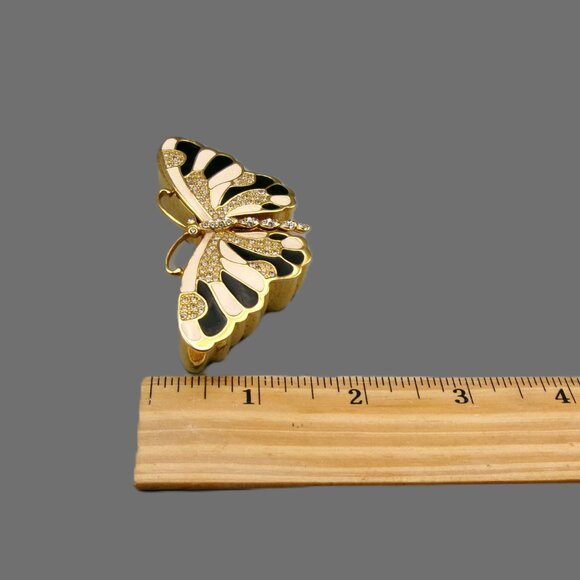 KJL Butterfly Brooch and Trinket Box, Golden Tan Black Enamel & Crystals, Vtg - Picture 8 of 8